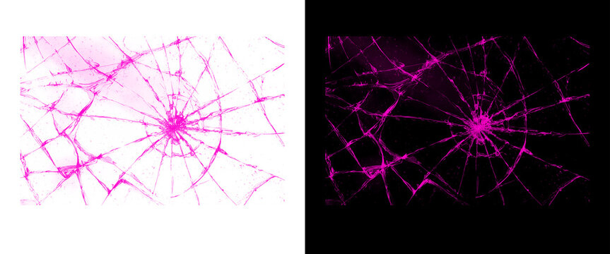 Vibrant pink shattered glass texture, a striking broken screen effect. Dynamic crack pattern illustration, ideal for abstract backgrounds and digital overlays.