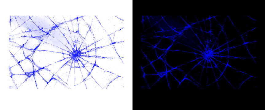Broken glass texture overlay, shattered screen crack effect, damaged glass surface set on black and white background