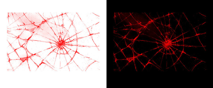 Broken glass texture overlay, red cracked screen fracture on white and black background, shattered window effect