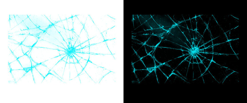 Broken glass texture overlay, shattered window crack effect on white and black background, realistic cracked screen crash design