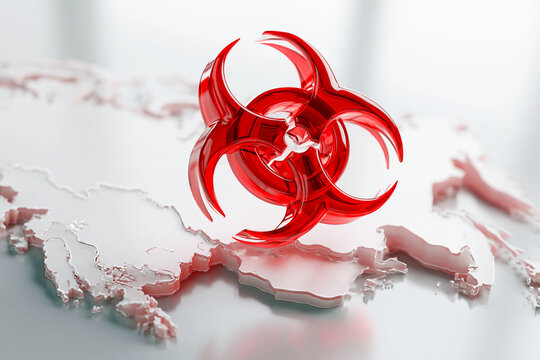 Red glossy biohazard symbol standing on 3D volumetric white map of Russia contour over light blurry background. Concept of plague epidemic and biological threat.