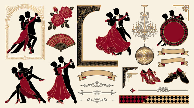Ballroom and Tango Dance Set, Elegant Dancer Couple Silhouettes, Swirling Gowns, Dance Shoes, Roses and Chandelier Arch Frames in Ruby Red, Black and Champagne Gold for Gala and Studio Design