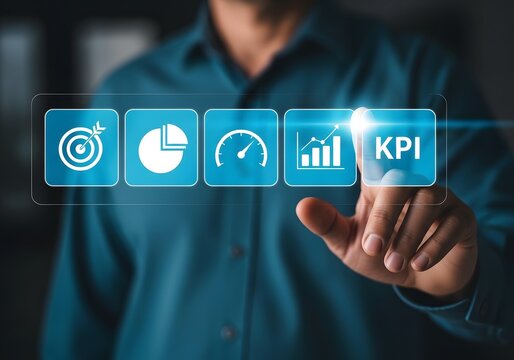 Business professional pointing at glowing digital icons representing key performance indicators kpi metrics