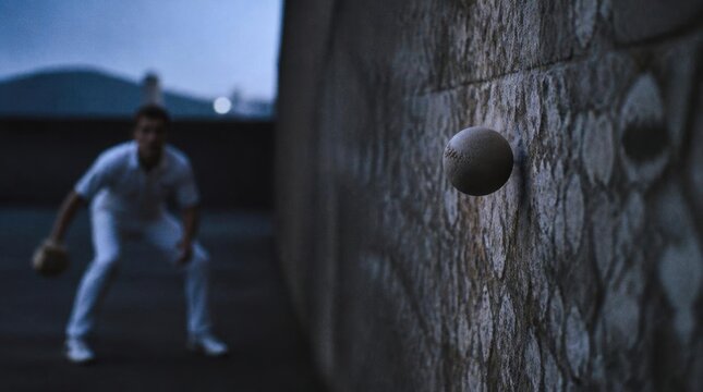 Man playing cricket, throwing ball at textured wall, dusk lighting, focus and action