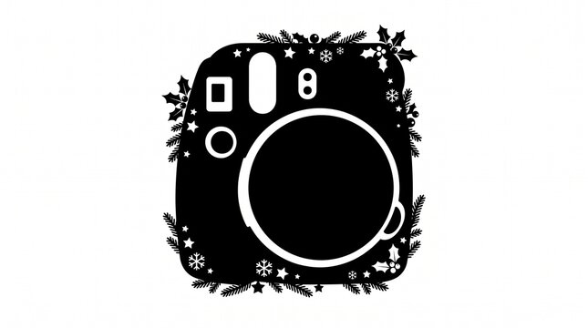 Black silhouette of a vintage instant camera decorated with winter snowflakes
