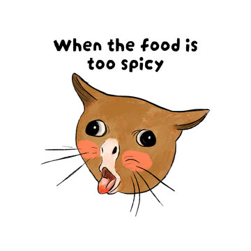 Funny hand drawn cat with spicy food reaction expression and text illustration