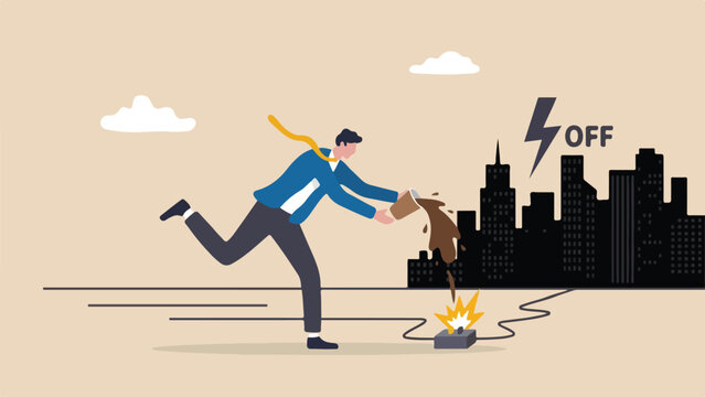Unintended consequences butterfly effect risk concept employee casually spilling paper cup coffee causing giant citywide electric power grid blackout clean minimal flat vector illustration