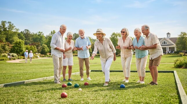 Active seniors playing bocce ball on a sunny day in a retirement community park