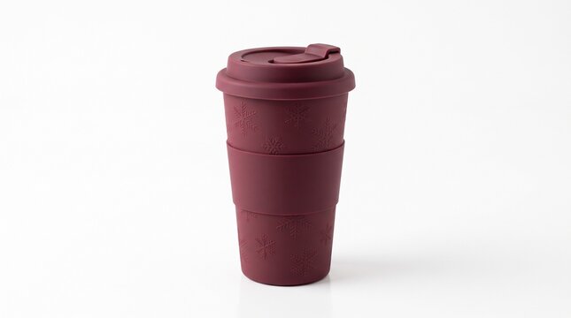 Burgundy reusable coffee cup with lid isolated on a white background