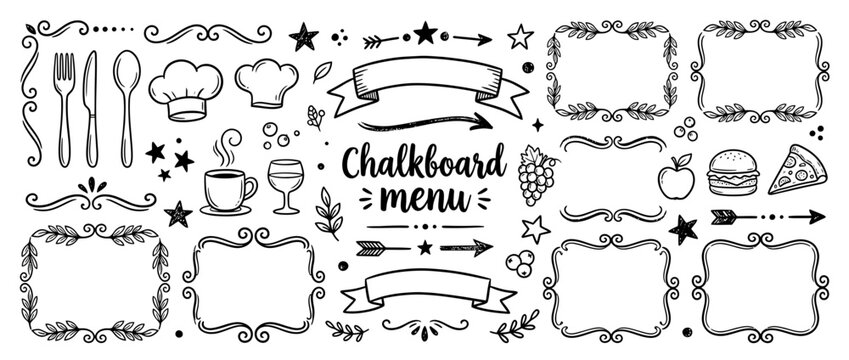 Hand-drawn restaurant elements and frames isolated on transparent background