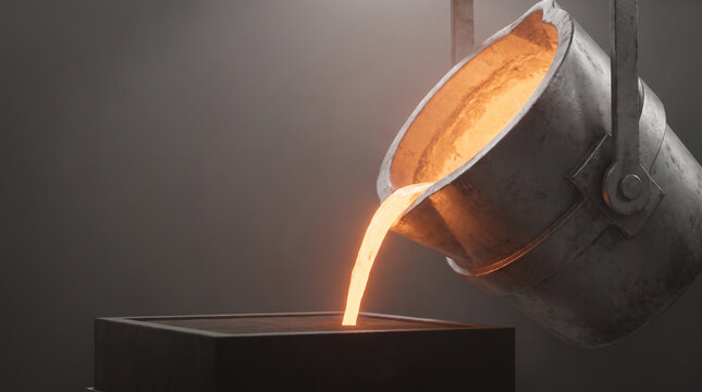 Molten metal pouring from a steel ladle in a foundry