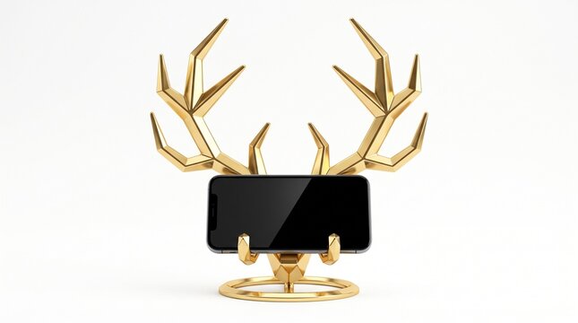 Gold metal deer antler mobile phone stand on white background with gold holder