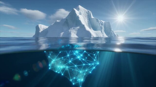 Massive iceberg underwater with glowing network data connections symbolizing digital information in vast ocean depths under bright sunlit sky and clouds.