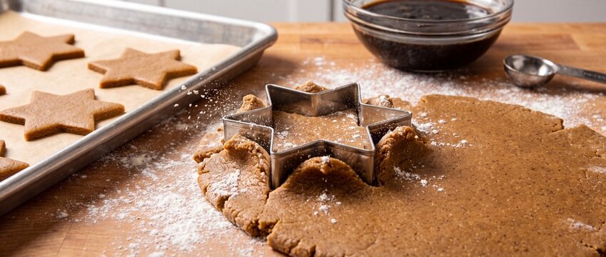 Star shaped cookie cutter pressing into raw gingerbread dough on a wooden kitchen table with rolled out gingerbread cutter creates shapes wooden surface baking cookies bowl glaze sheet cut cookies