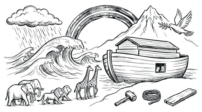 Noah's Ark story illustration depicting animals, a large wooden boat, a rainbow, and a dove with an olive branch after the great flood.