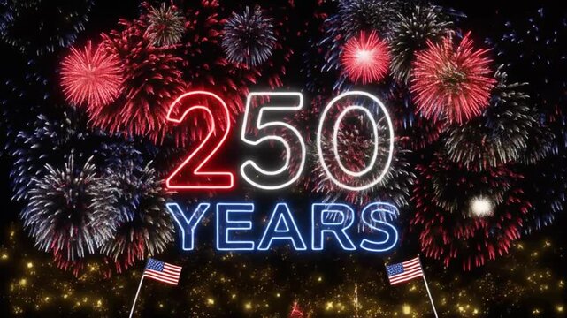 250 years celebration with fireworks and american flags, dynamic motion graphics for patriotic events, festive and grand visual.