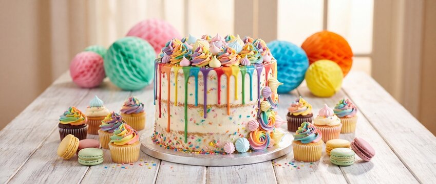 A tiered rainbow drip cake surrounded by colorful cupcakes and macarons on a wooden table with colorful frosting swirls decorated rainbow icing rustic white wooden tall multi layered confectionery