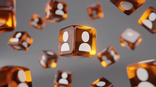 Animated user profile icons in glowing amber cubes float and rotate in a futuristic digital space symbolizing social network connections and community engagement.