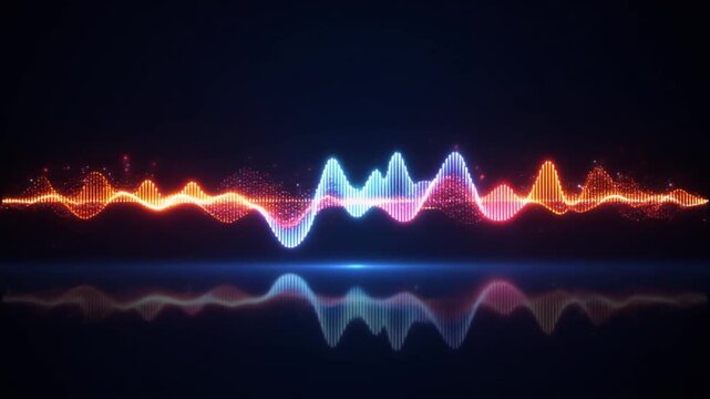 Abstract glowing sound wave motion graphic with vibrant neon colors, digital equalizer pulse, dark background with reflection, futuristic technology loop.