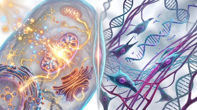 3D illustration comparing active healthy cell with glowing mitochondria and aging cellular structure