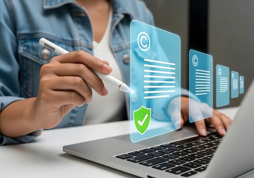 Person using digital stylus pen interacting with copyright and legal compliance documents