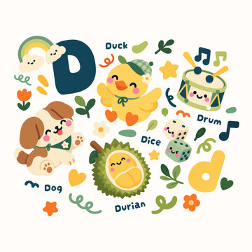 CUTE D ALPHABET VECTOR ANMAL AND FOOD STICKER COLLECTION