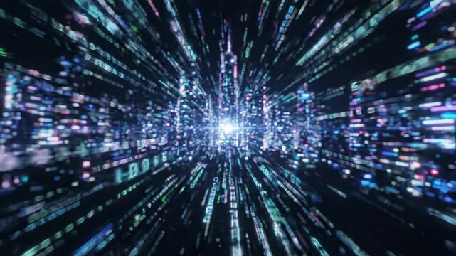 Abstract digital data stream tunnel with glowing characters