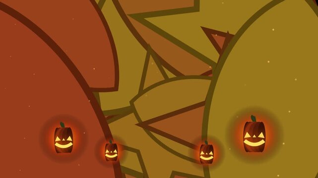 Abstract Halloween background featuring glowing jack o lanterns over spinning geometric shapes.