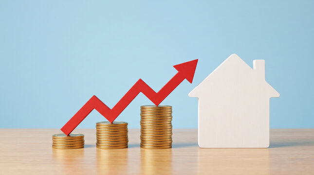 Housing market rising graph with coin stack growth and house symbol. Real estate residential home property. investment finance mortgage, growth increase trend chart success