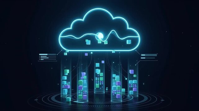 Digital cloud data transfer with neon glowing effect, abstract representation of big data storage and network connection, futuristic technology concept visualized.