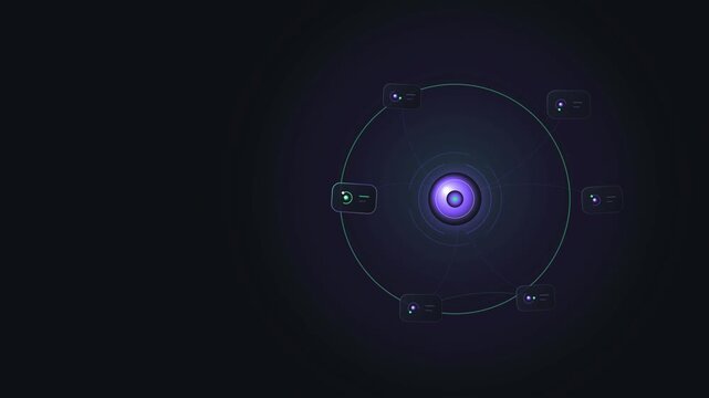 Central network hub animation with data pulses transmitting to peripheral nodes