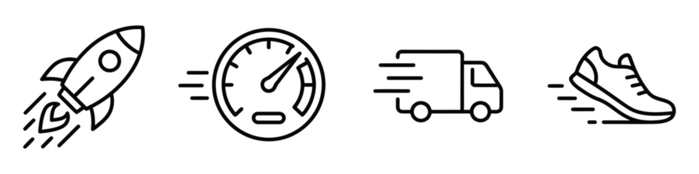Dynamic movement speed line icons including rocket speedometer truck and shoe for fast delivery concepts.