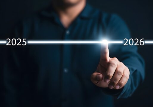 Businessman touching glowing timeline transition point between year twenty twenty five and twenty twenty six