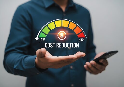 Man holding phone displaying a colorful cost reduction gauge meter dashboard holographic display