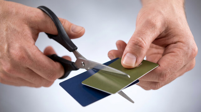 Scissors cut credit card with careful hand control and focused precision. Finance crisis recession problem. bankruptcy bankrupt destroy loss, debt loan pay spending poverty