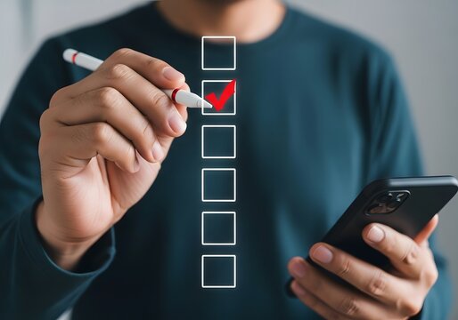 Person holding smartphone and checking items on interactive virtual checklist with checkmark