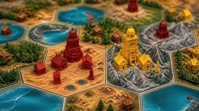 Close-up of a hexagonal tile board game map, featuring colorful settlements and lighthouses, mountains, and water.