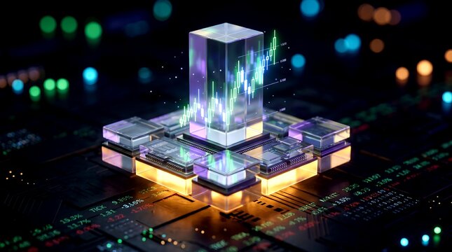 Illuminated financial candlestick chart holographic projection over digital processor for algorithmic trading