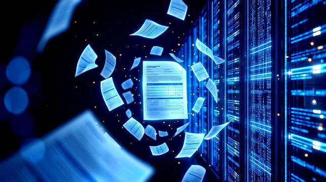 Electronic records and digital documents orbiting in front of glowing database servers