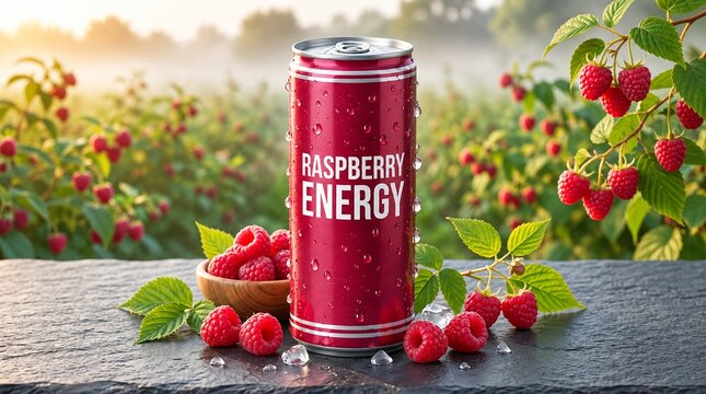 Raspberry energy drink can on slate with fresh raspberries in raspberry field