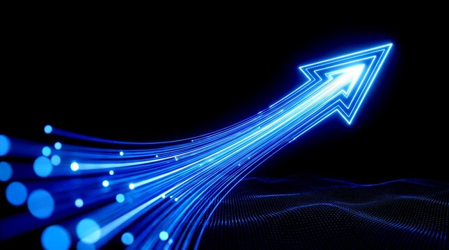 Glowing blue digital arrow rising diagonally over dark cybernetic terrain representing rapid technological innovation and data transfer