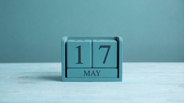 Teal blue wooden block calendar showing the date May 17 on a light wooden table with copy space