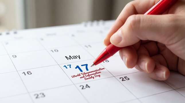 Calendar marked with May 17th for World Communication and Information Society Day, with a pen in hand