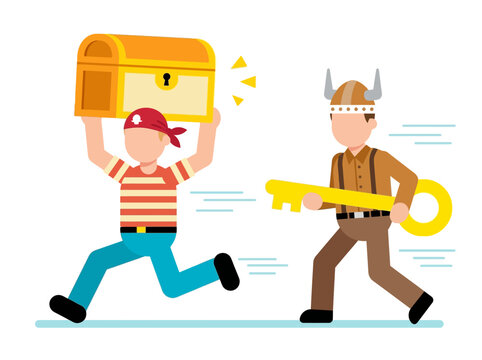 Pirate Running with Treasure Chest and Viking Holding Giant Golden Key Flat Vector Illustration