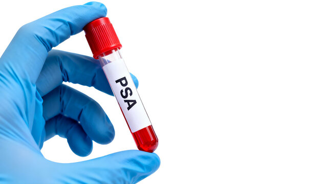 Hand in blue medical glove holding a blood sample test tube labeled psa isolated on transparent background