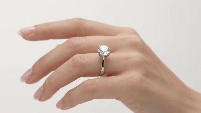 Close up of woman hand wearing diamond ring on white background
