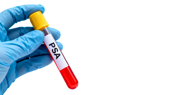 Hand in blue medical glove holding a blood sample test tube labeled psa isolated on transparent background