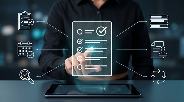 Business professional interacting with digital checklist interface on tablet screen displaying task management icons for workflow optimization and automated document processing systems