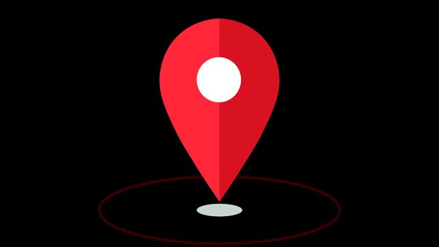 Red map pin icon with concentric circles or radar target rings for location, navigation, gps tracking, and destination concepts on black background
