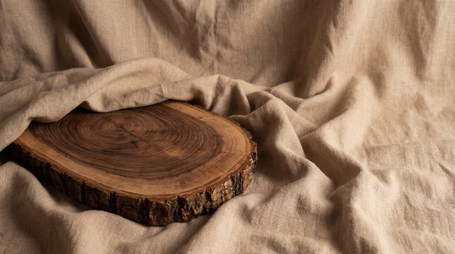 Empty Rustic Wood Cross Section Mockup Nestled in Neutral Linen Fabric Folds for Product Presentation